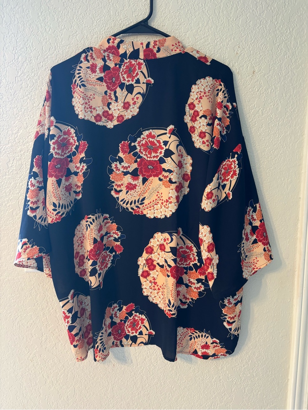 Navy blue/ Orange Floral Open-Front Kimono Cardigan - size S Boho cottagecore - Picture 2 of 10